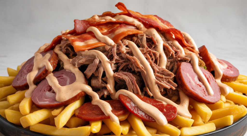 Photorealistic image of a large, authentic Colombian Salchipapa Costeña with french fries, various meats, and pink sauce on a white background, representing traditional street food.
