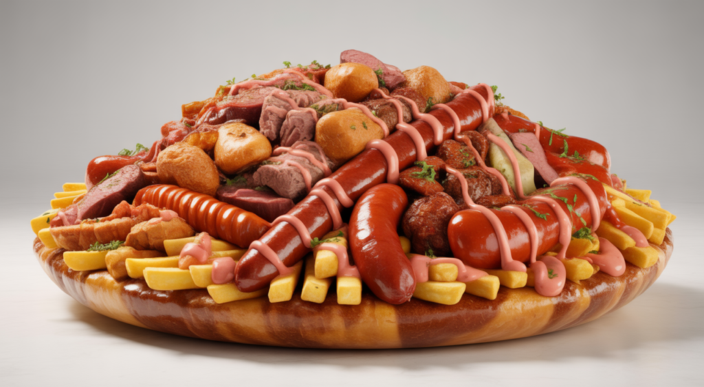 Close-up of a generously topped Colombian salchipapa costeña, featuring crispy fries, assorted sausages, chicken, and beef, drizzled with special sauces on a white background.