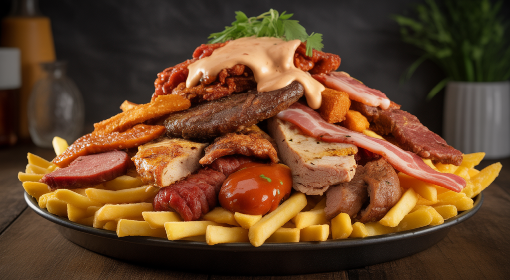 Large, appetizing serving of Colombian costeña salchipapas with various meats and sauces on a white background, ready to be eaten.