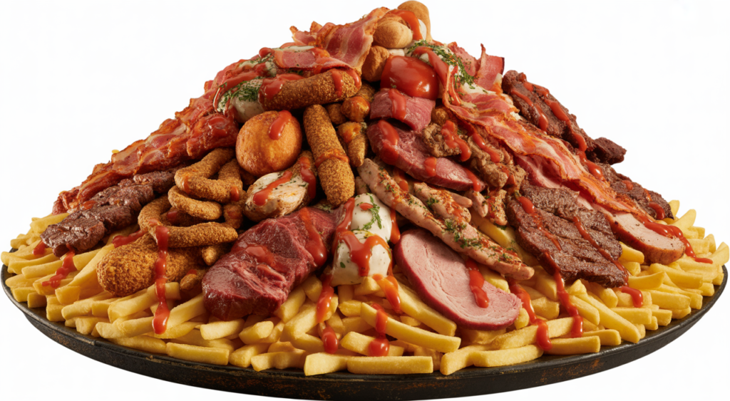 Hero image of a large, generously loaded platter of Colombian salchipapas with various meats and sauces, emphasizing authentic Caribbean flavor.