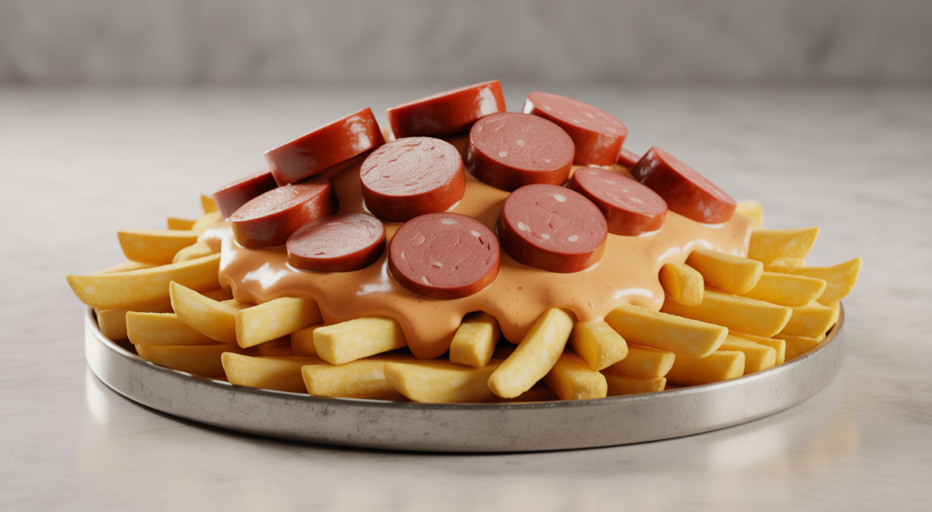 Delicious salchipapa with crispy fries and savory sausages on a white plate, ready to eat