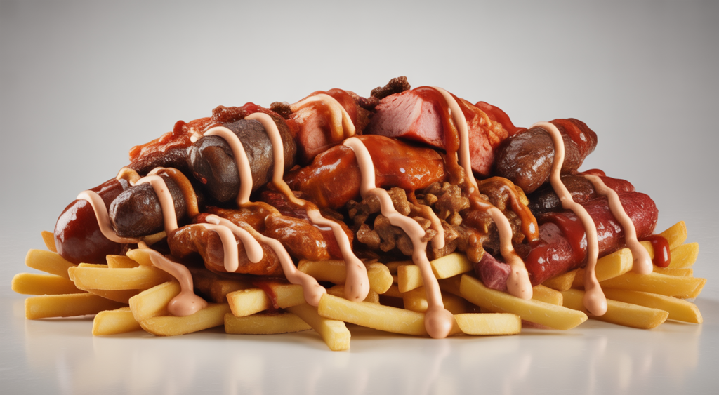 Close-up of a large, gourmet Salchipapa Costeña with assorted meats and fries, on a clean white background.