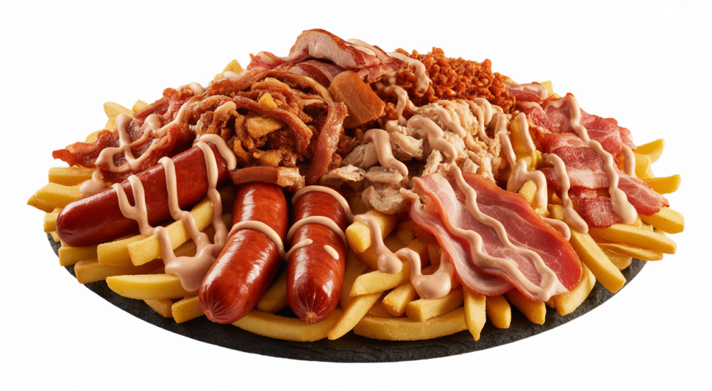 Authentic Colombian coastal-style salchipapa, generously loaded with various meats and sauces, presented on a clean white background, wide angle.