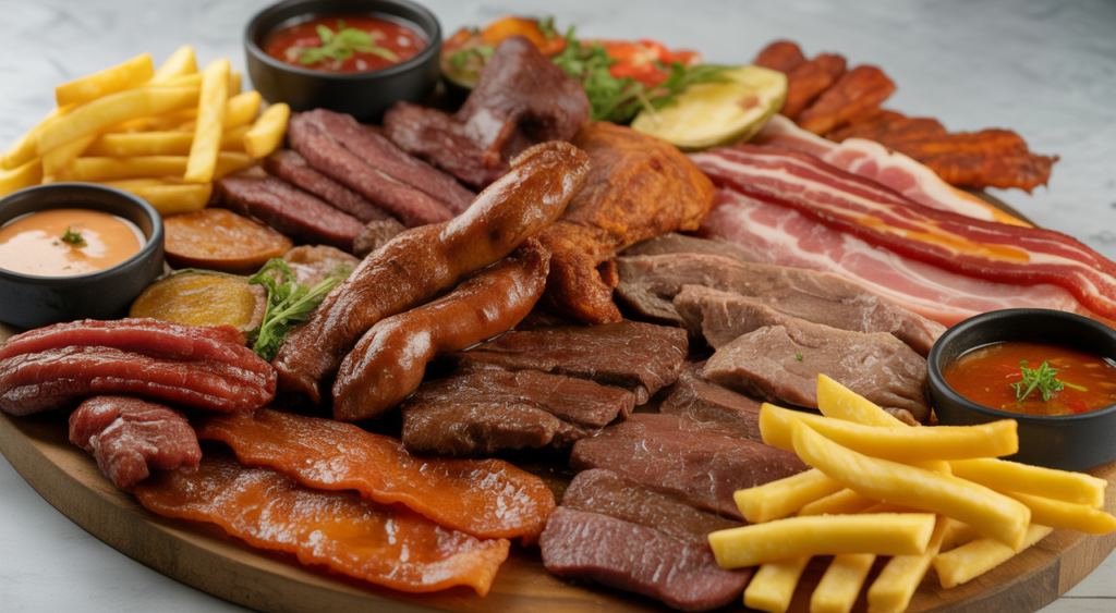 Abundant platter of Colombian costeño salchipapas with assorted meats and sauces, presented on a white background.