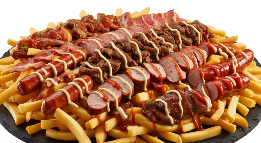 Close-up of a large, freshly prepared Salchipapa Costeña with various meats, golden fries, and sauces on a clean background, highlighting its abundance.