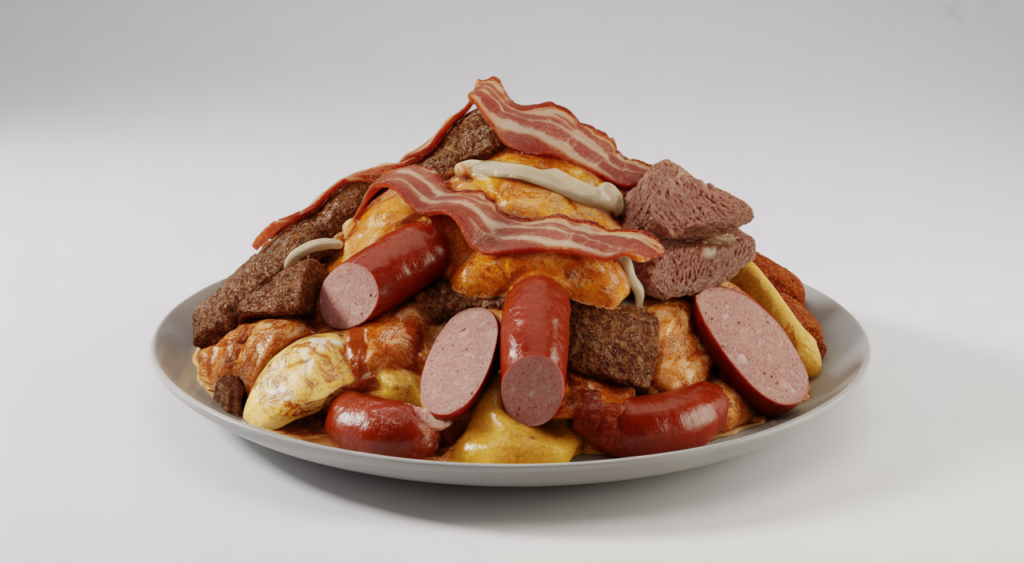 Gourmet Colombian salchipapa with butifarra, chorizo, chicken, beef, and bacon on a white plate