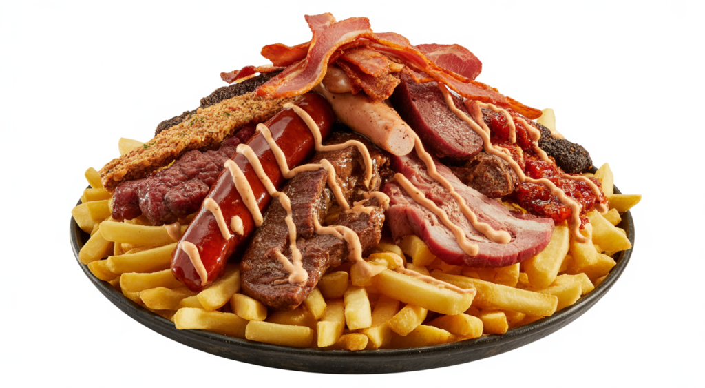 A mouth-watering, large Salchipapa Costeña dish with golden fries, various meats, and sauces on a clean background, ready to be enjoyed.