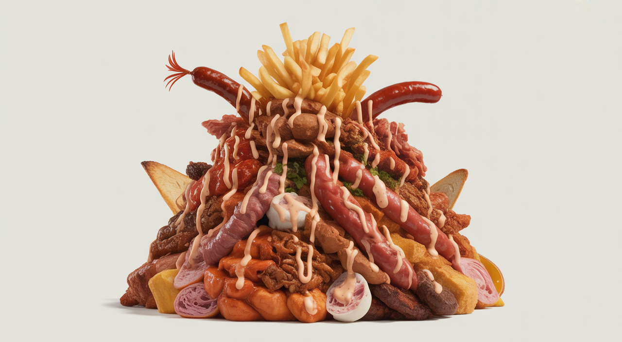 Personas disfrutando de salchipapas gigantes en La Marimonda del Mono, celebrando con amigos y familiares.