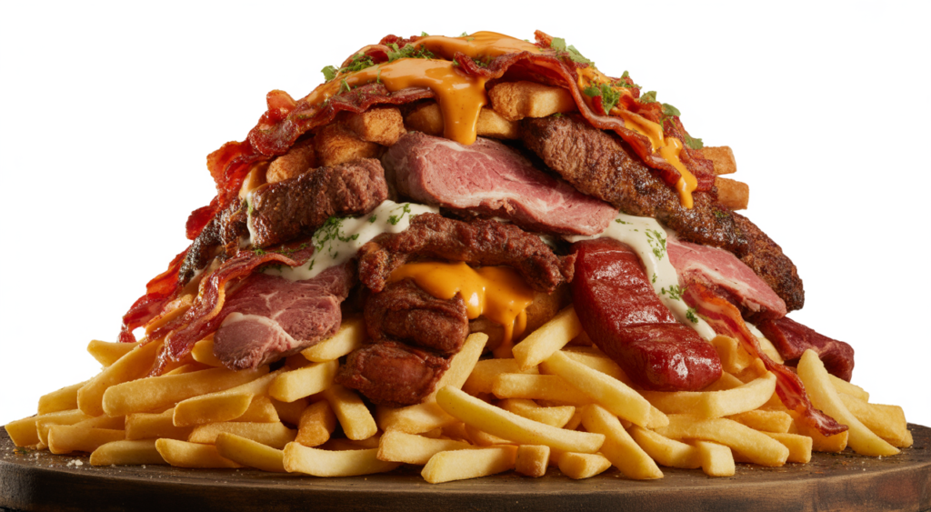 Gigantic Colombian salchipapa 'El Castillo' with fries, butifarra, chorizo, chicken, beef, and bacon, perfect for sharing