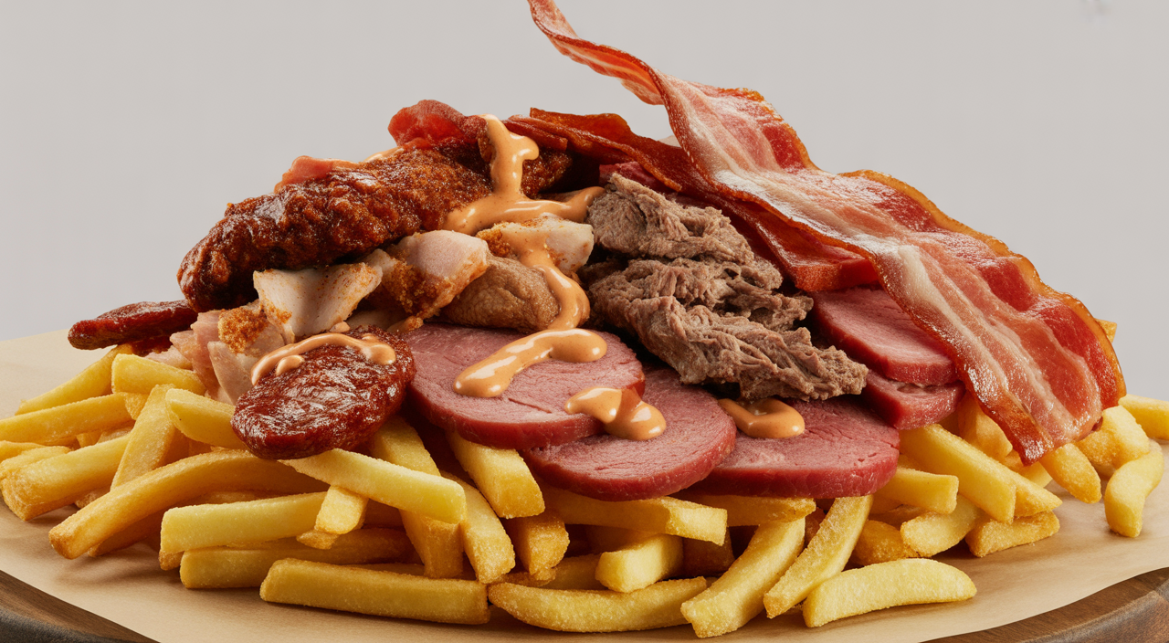 Salchipapa gigante 'El Castillo' de La Marimonda del Mono con butifarra, chorizo, carne, pollo y tocineta