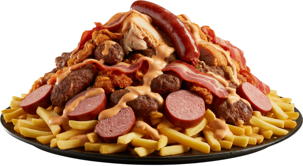 Abundant Colombian salchipapa costeña with various meats and sauces on a white background, hero shot.