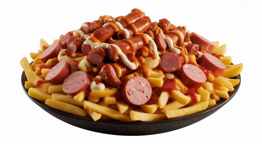 Hero shot of a generously loaded Colombian coastal-style salchipapa with fries, sausages, and special sauces on a white background.