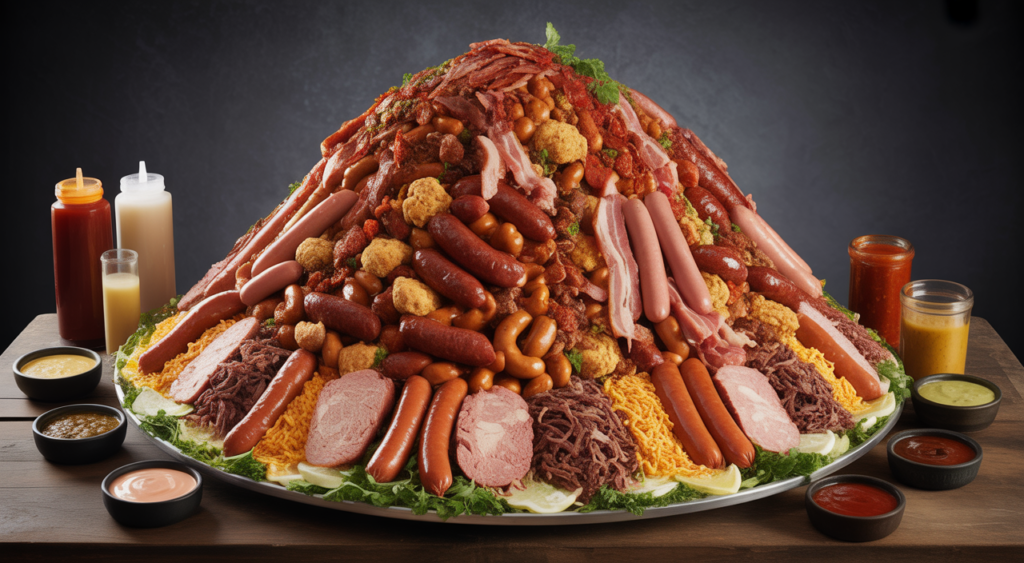 Massive, overflowing salchipapa platter, a giant feast for sharing, showcasing various meats and sauces from La Marimonda del Mono.