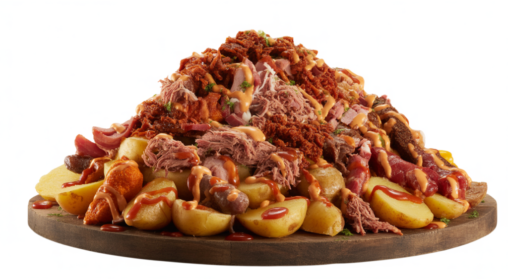 Large, appetizing Salchipapa Costeña platter with mixed meats and sauces on a white background.
