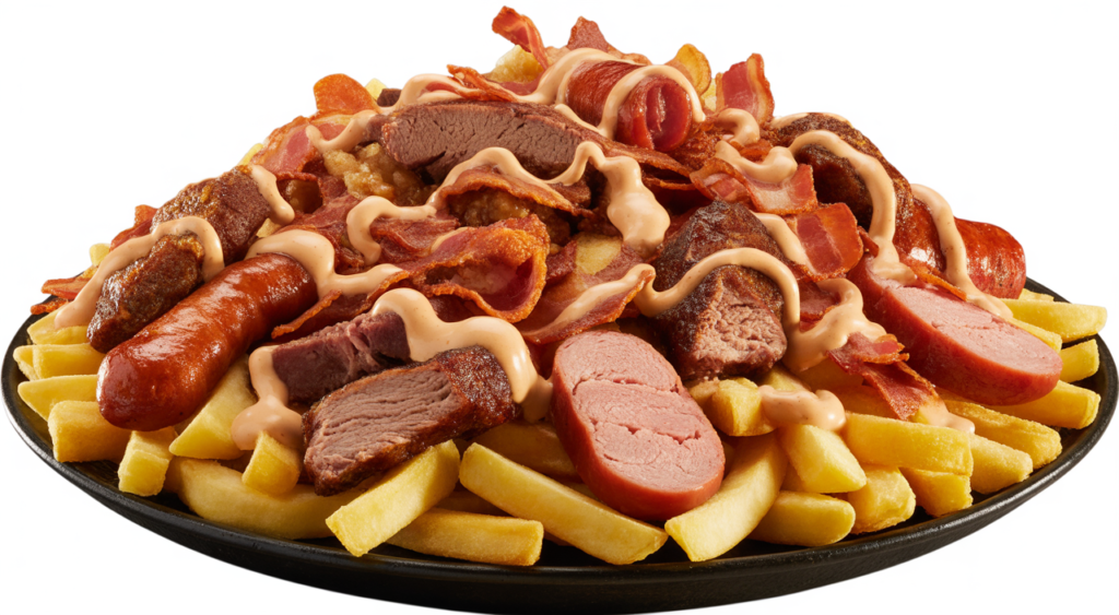 Abundant costeño salchipapas with fries, butifarra, chorizo, meats, and sauces on a white background, ready to be served.