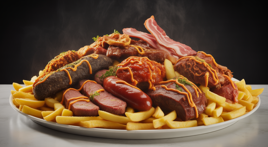 A large, professional photograph of a gourmet Colombian salchipapa dish with assorted meats, crispy fries, and sauces, presented on a white background.