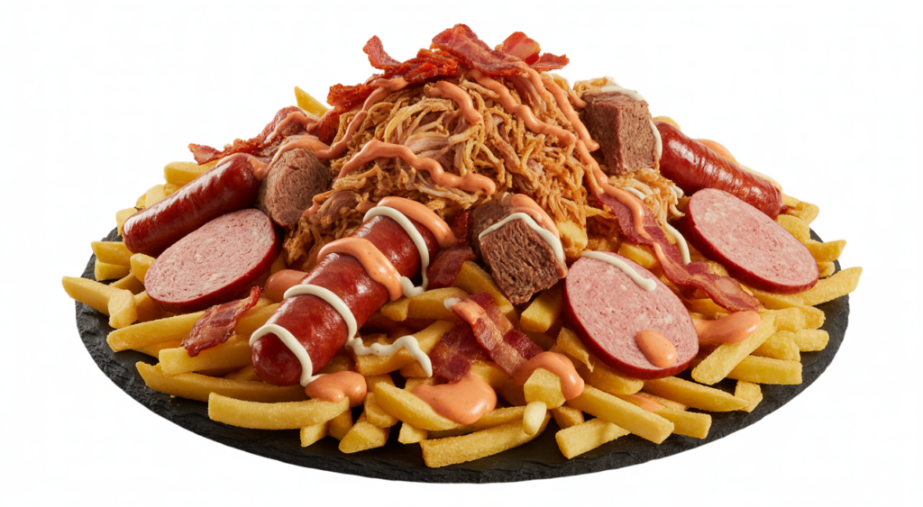 Gourmet salchipapas costeñas with various meats and sauces on a white background.