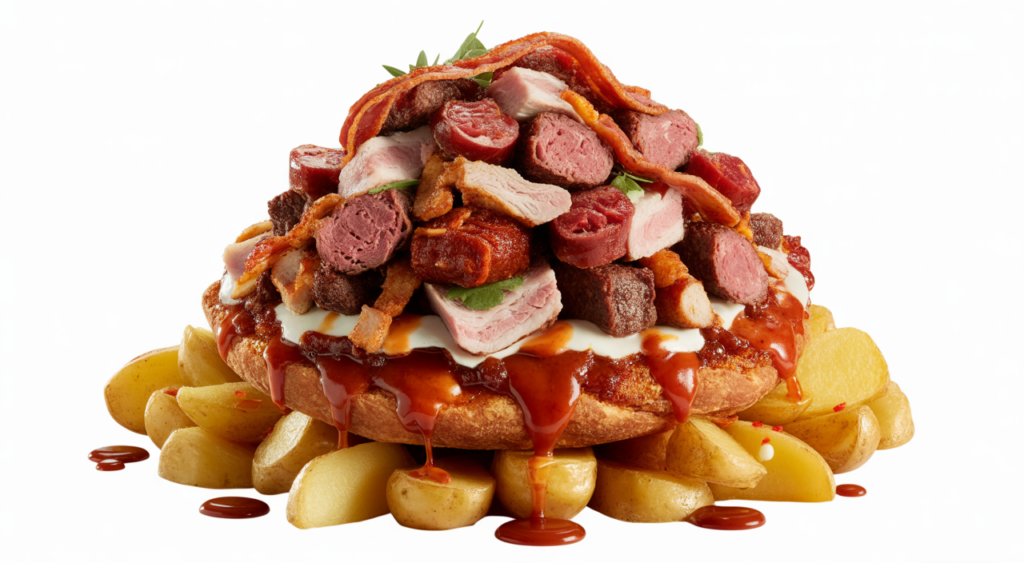 High-angle shot of a meticulously arranged gourmet salchipapa, showcasing a rich variety of premium meats like butifarra, chorizo, beef, chicken, and bacon, over golden french fries, with signature sauces, emphasizing its costeño influence and culinary excellence from La Marimonda del Mono in Bogotá.