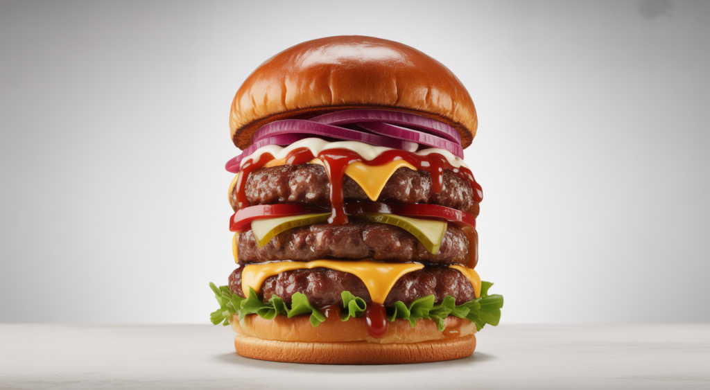 Gourmet multi-layered burger with fresh ingredients and vibrant sauces, representing unique coastal flavors in Bogotá.