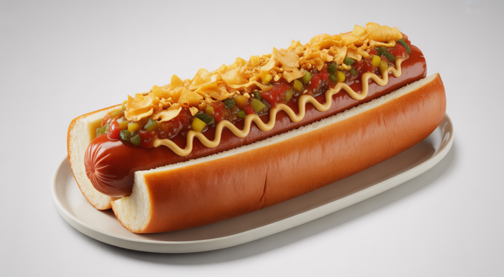 Large 30-centimeter Colombian hot dog with costeño toppings on a clean white background, showcasing its impressive size and rich flavors.
