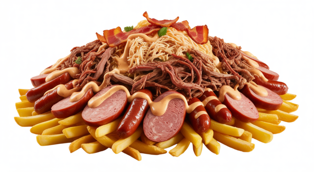 Authentic Colombian Salchipapa Costeña with a generous mix of meats and french fries on a white background.