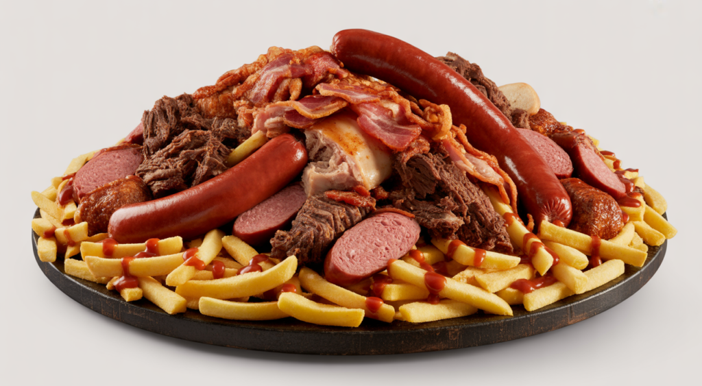 Authentic Colombian Costeña Salchipapa with an abundant mix of sausages, meats, french fries, and signature sauces, professionally presented on a clean white background.