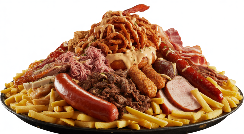 Abundant salchipapa costeña platter with various meats and sauces, ready to eat.