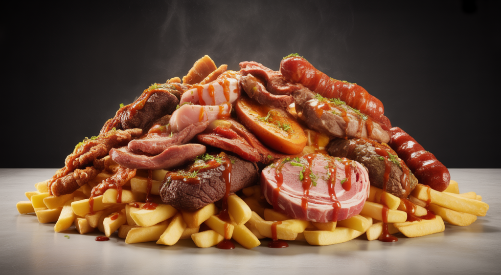 Hero shot of Salchipapa Costeña with fries, various meats, and sauces, representing authentic Colombian Caribbean flavor.