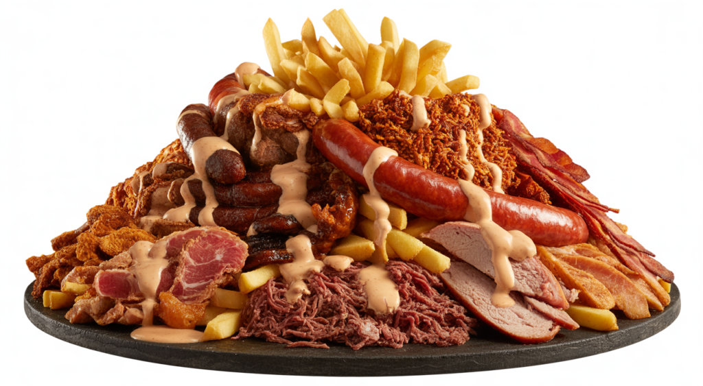 Gigantic Colombian coastal-style salchipapa platter with various meats and sauces, ready for delivery in Suba, Bogotá.