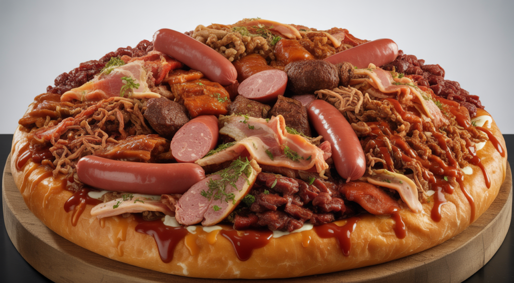 A vibrant and abundant plate of Colombian Salchipapa Costeña with various meats and sauces, presented professionally on a clean background.