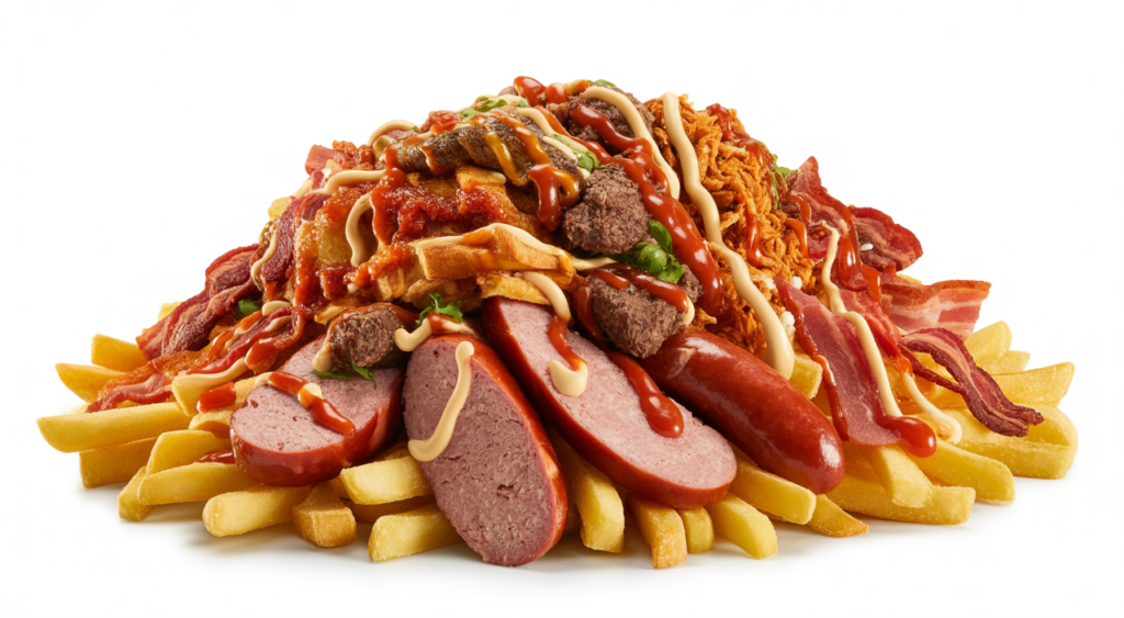 An overflowing plate of Colombian Salchipapa Costeña with a variety of meats, golden fries, and colorful sauces on a clean white background.