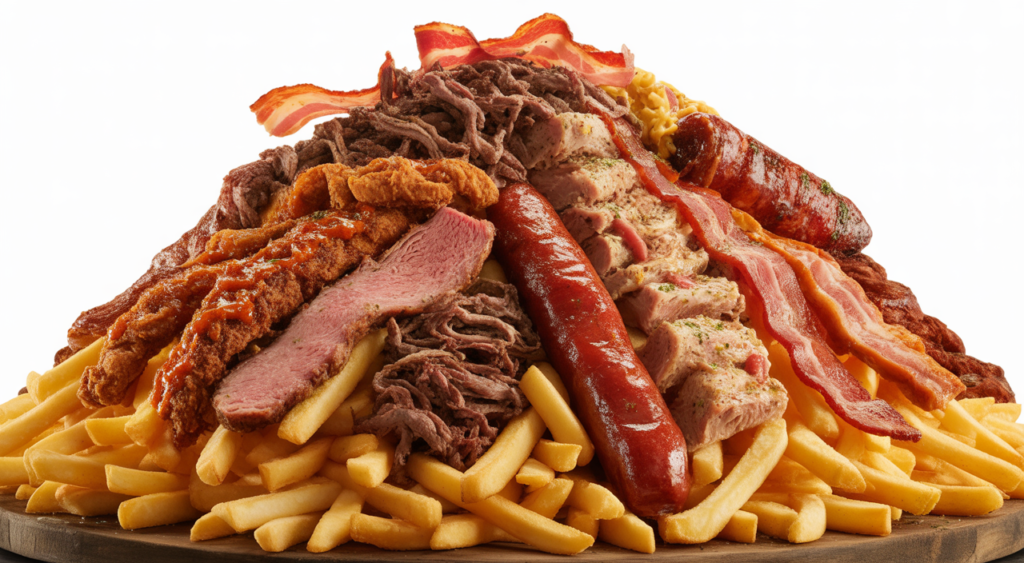 Close-up hero shot of a large, gourmet coastal-style salchipapa, featuring crispy fries, assorted meats, and sauces, on a clean background.
