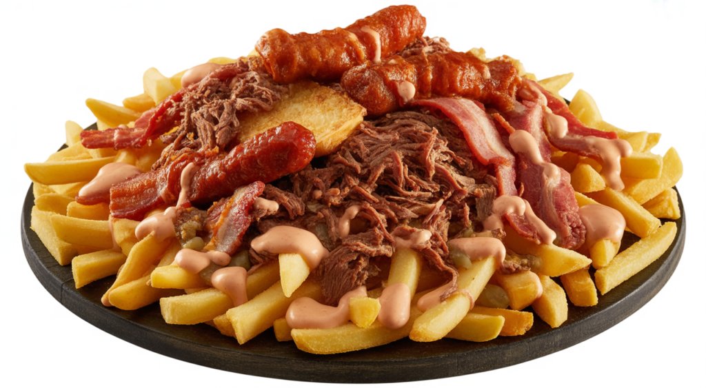 Close-up of a large, freshly prepared Colombian coastal-style salchipapa with fries, mixed meats, and sauces on a white background.