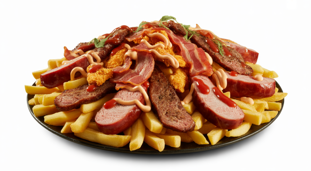 High-quality photograph of a vibrant and abundant salchipapa with various meats, fries, and colorful sauces, showcasing Colombian costeño cuisine.