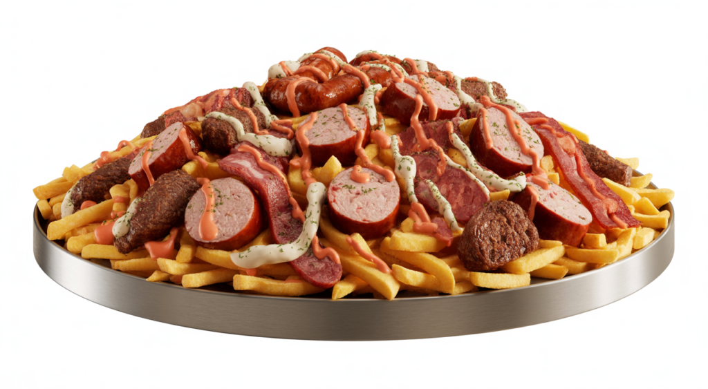 Hero image of an abundant, gourmet Salchipapa Costeña from La Marimonda del Mono, with mixed meats and crispy fries, on a modern platter.