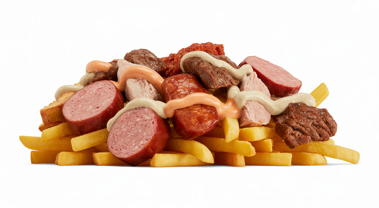 Salchipapa gigante de La Marimonda del Mono, con butifarra, chorizo, carne, pollo y salsas caseras.