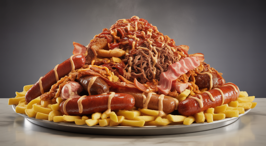 Professional photograph of a gourmet Salchipapa Costeña with various meats, fries, and sauces on a clean white background.