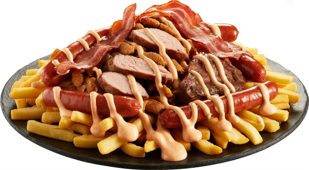 Delicious Colombian Salchipapas with butifarra, chicken, beef, bacon, and special sauces on a clean background.