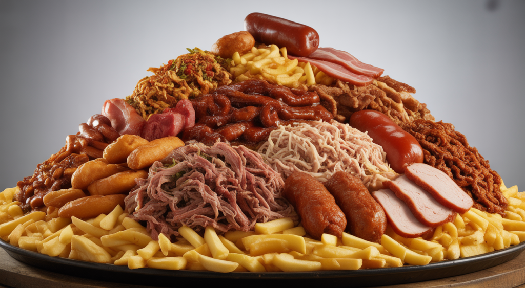 Giant platter of Colombian salchipapas costeñas with fries and mixed meats on a white background