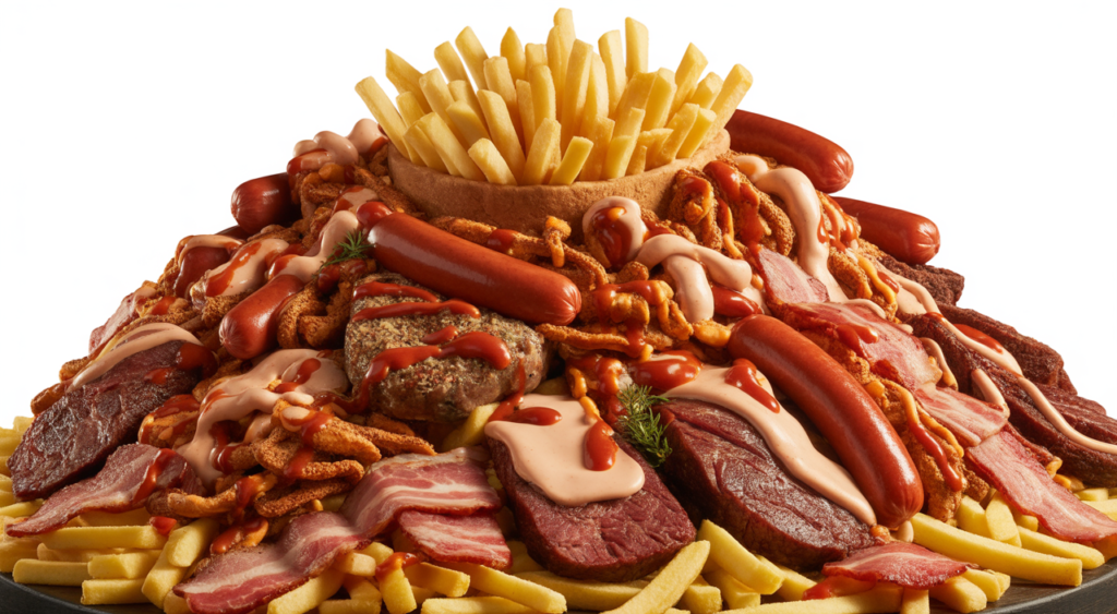 Giant Colombian salchipapa "El Castillo" with fries, sausage, butifarra, chorizo, beef, chicken, and bacon, serving a large group, professional food photography.