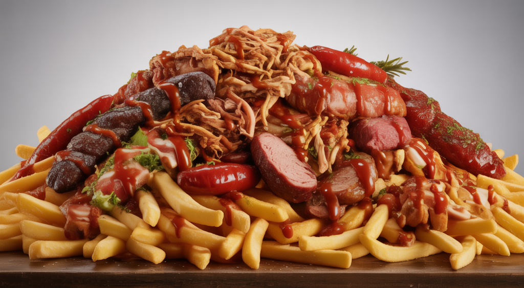 A visually rich, large Salchipapa Costeña with golden fries and a variety of meats and sauces, presented as a hero shot.