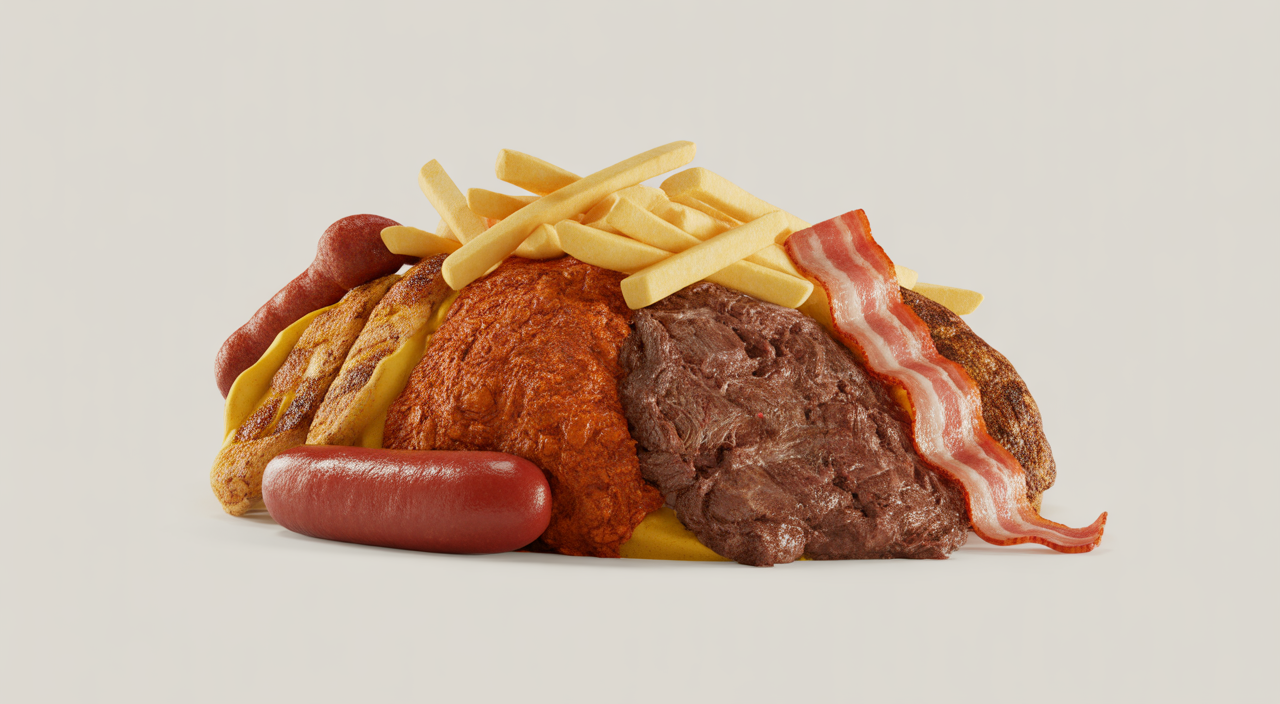 Imagen de la salchipapa El Castillo en La Marimonda del Mono, destacando su gran tamaño y la variedad de ingredientes como butifarra, chorizo, pollo y tocineta.