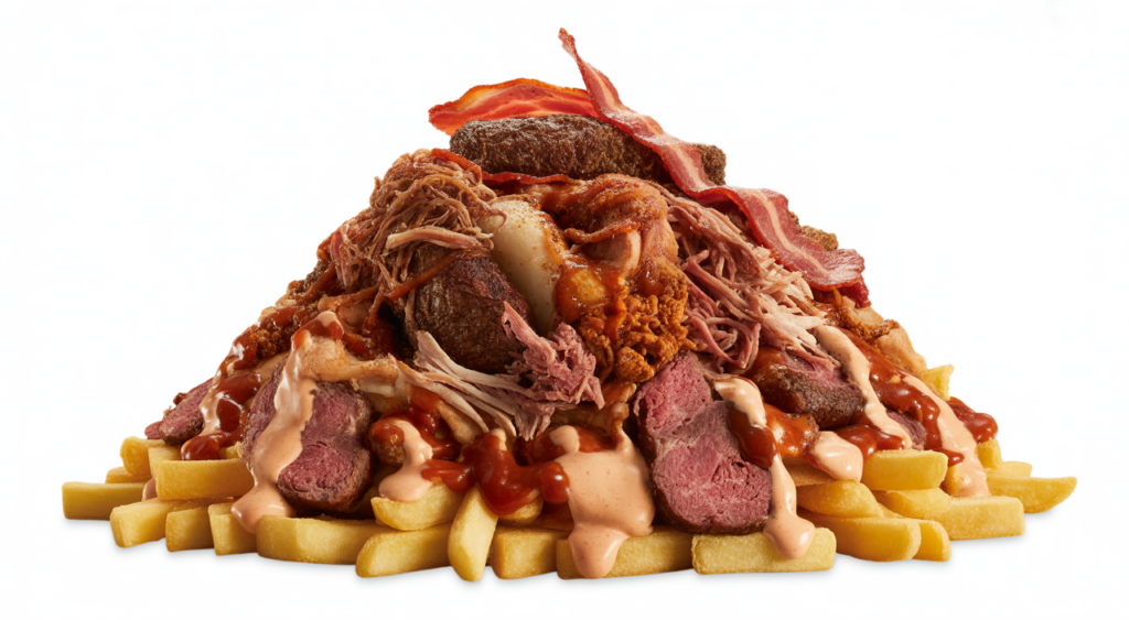 A generously loaded coastal salchipapa with various meats, french fries, and sauces on a clean white background, representing authentic Colombian street food.