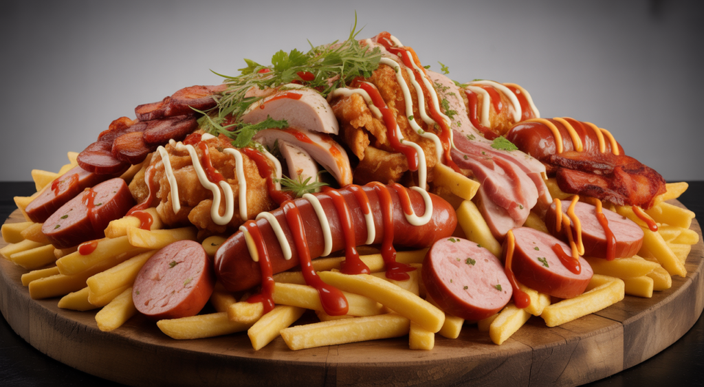 Large and abundant Salchipapa Costeña with golden fries, sausages, butifarra, chicken, bacon, and special sauces on a neutral background.