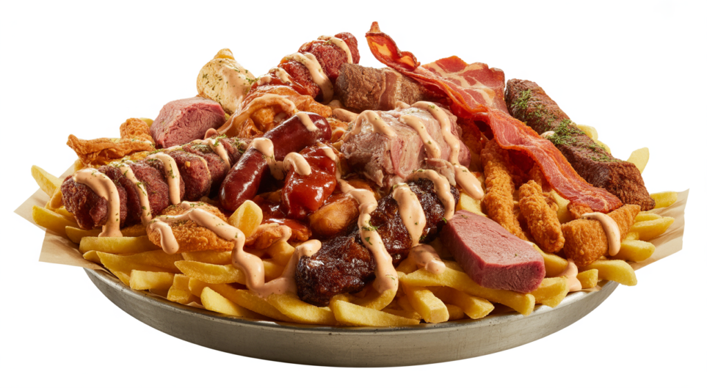 A vibrant and abundant Salchipapa Costeña platter with golden fries, various meats, and creamy sauces on a white background, ready to eat.