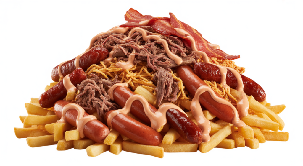 Giant Salchipapa Costeña with fries and various meats on a white background, ready to eat.