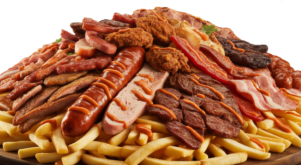 A vibrant, close-up shot of a large, authentic Costeño salchipapa from Bogotá, featuring golden fries, various meats, and sauces on a clean background.