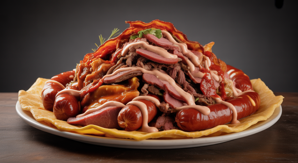 Photorealistic image of a large, vibrant Salchipapa Costeña with various meats and sauces on a white background, representing Colombian Caribbean cuisine