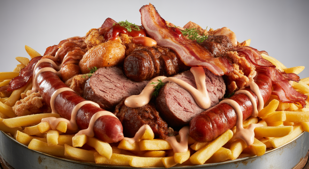 Hero shot of a large, gourmet salchipapa with various meats, fries, and sauces on a clean background, highlighting coastal Colombian flavors.