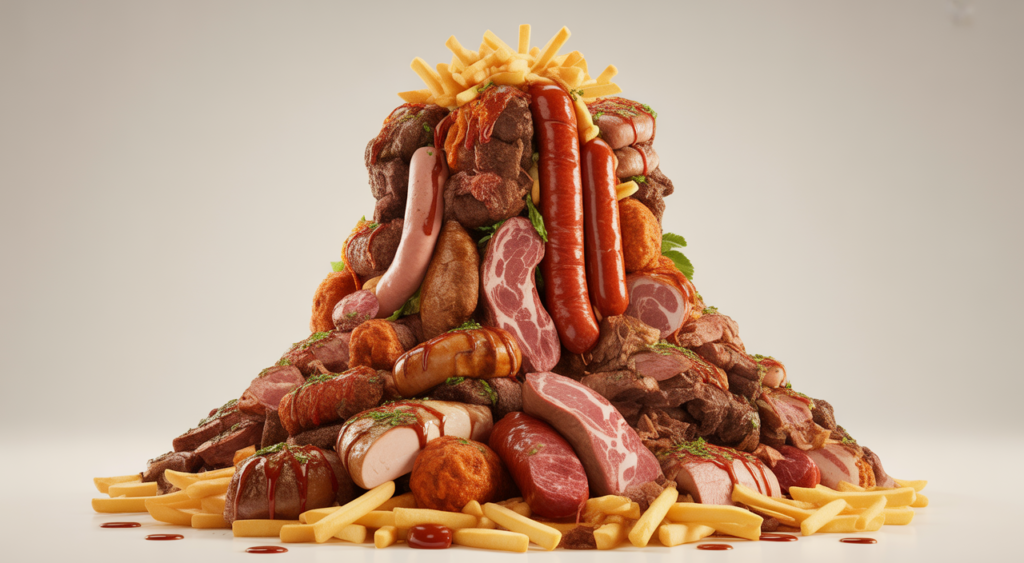 Giant salchipapa with various meats and fries on a white background, representing the biggest salchipapa in Bogotá from La Marimonda del Mono.